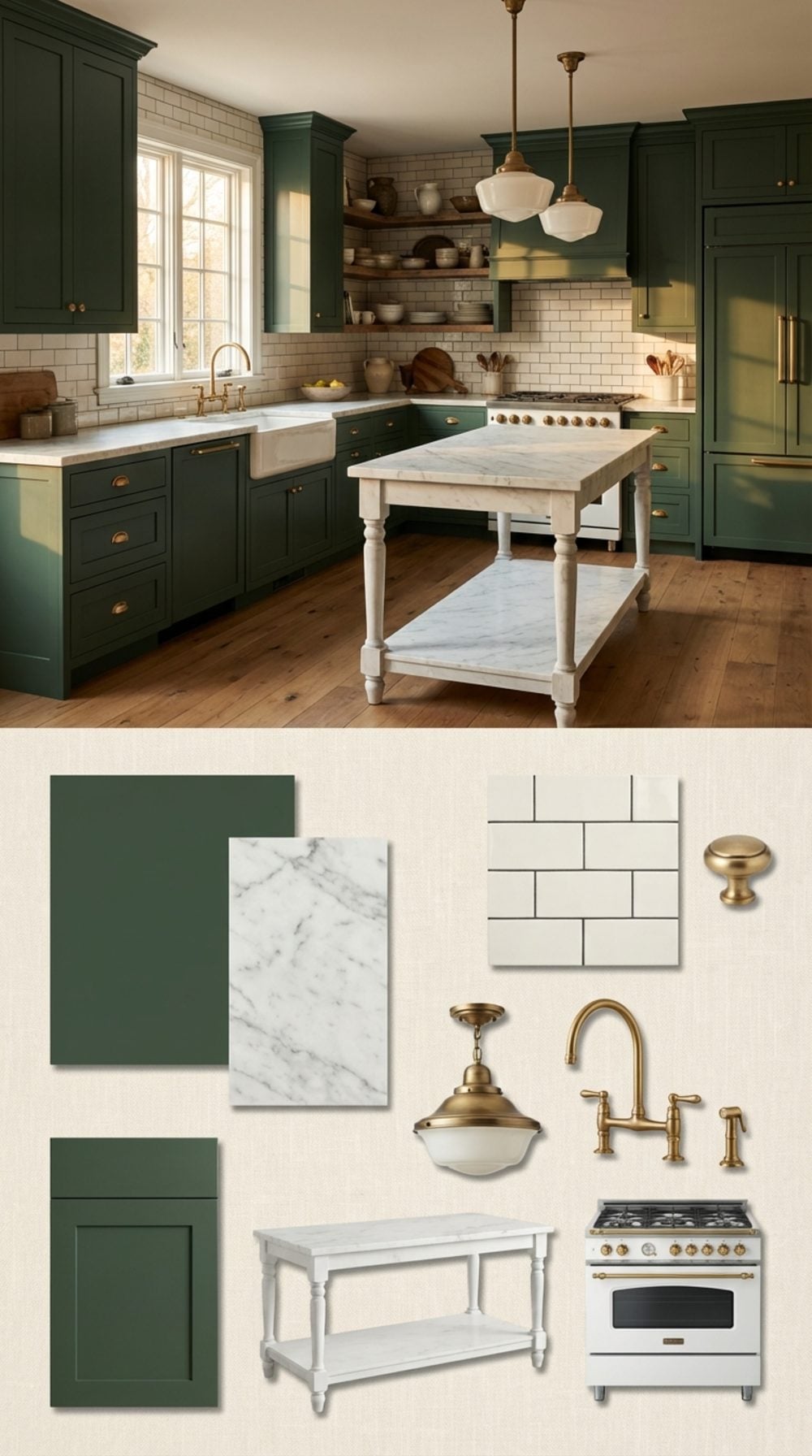 Deep Forest Green Shakers with Carrara Marble and Unlacquered Brass, Old-Money Kitchen Energy
