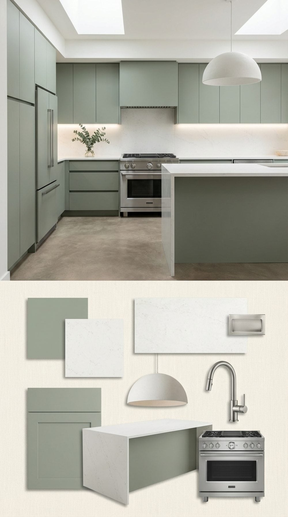 Sage Green Flat-Front Cabinets, White Quartz, and Integrated Appliances, The Quiet Luxury Kitchen