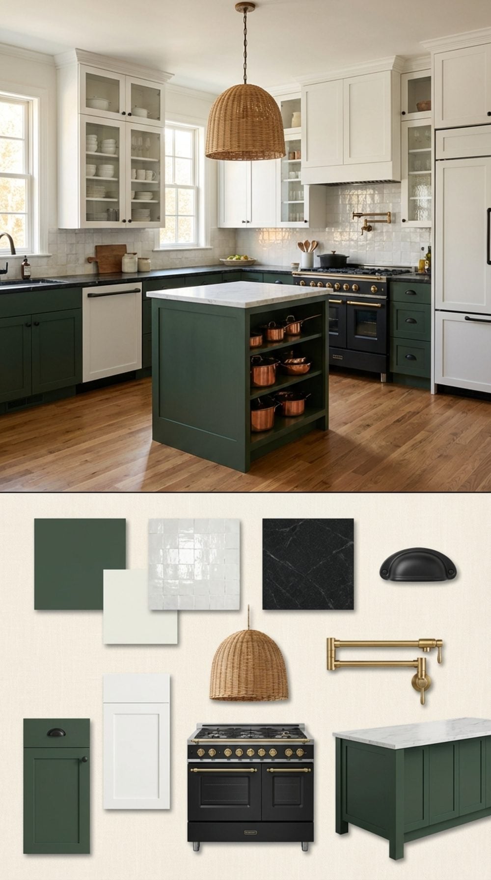 Hunter Green Two-Tone Cabinetry, White Zellige Tile, and Matte Black Hardware, Maximalist Confidence