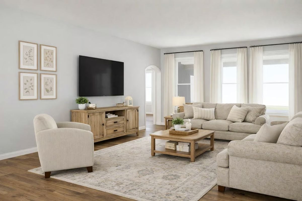 Neutral Living Room with Natural Wood Furnishings and Beige Upholstery
