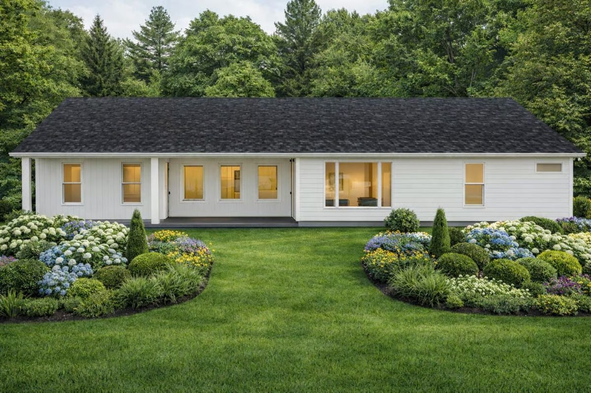 White Ranch Exterior with Covered Patio and Lush Garden Beds