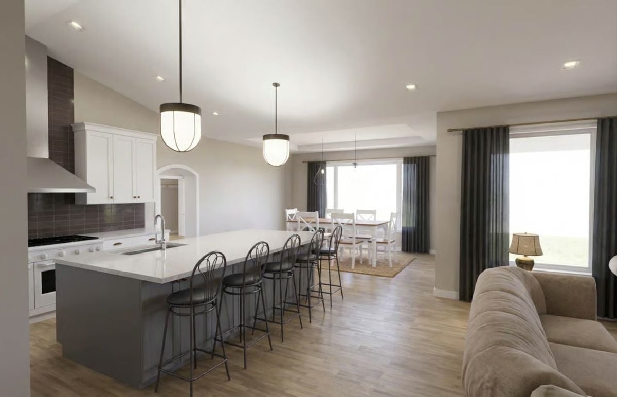 Gray Island and Bar Stools Anchor an Open-Concept Kitchen with Pendant Lights