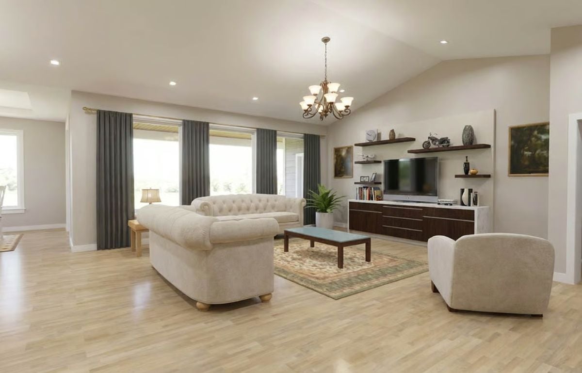 Cream Tufted Sofa and Floating Shelves Shape a Warm, Open Living Room