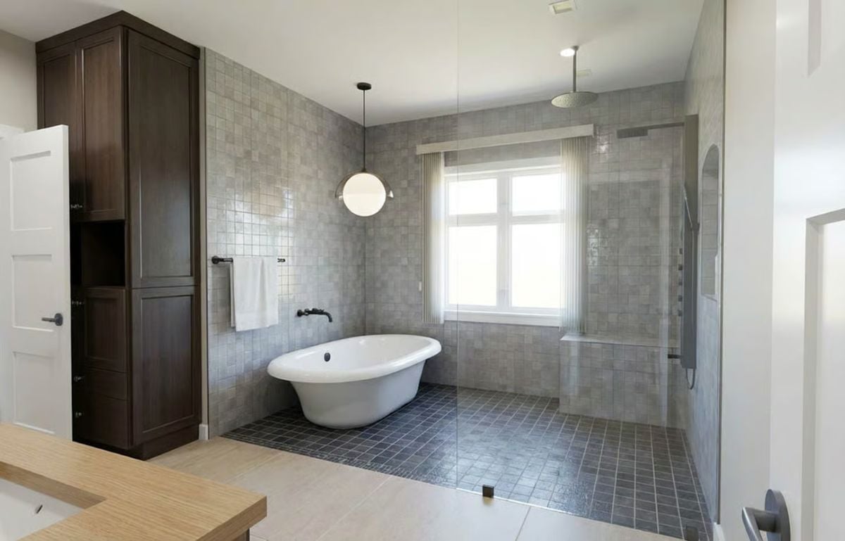 Freestanding Soaking Tub and Walk-In Shower Share One Tiled Wet Zone