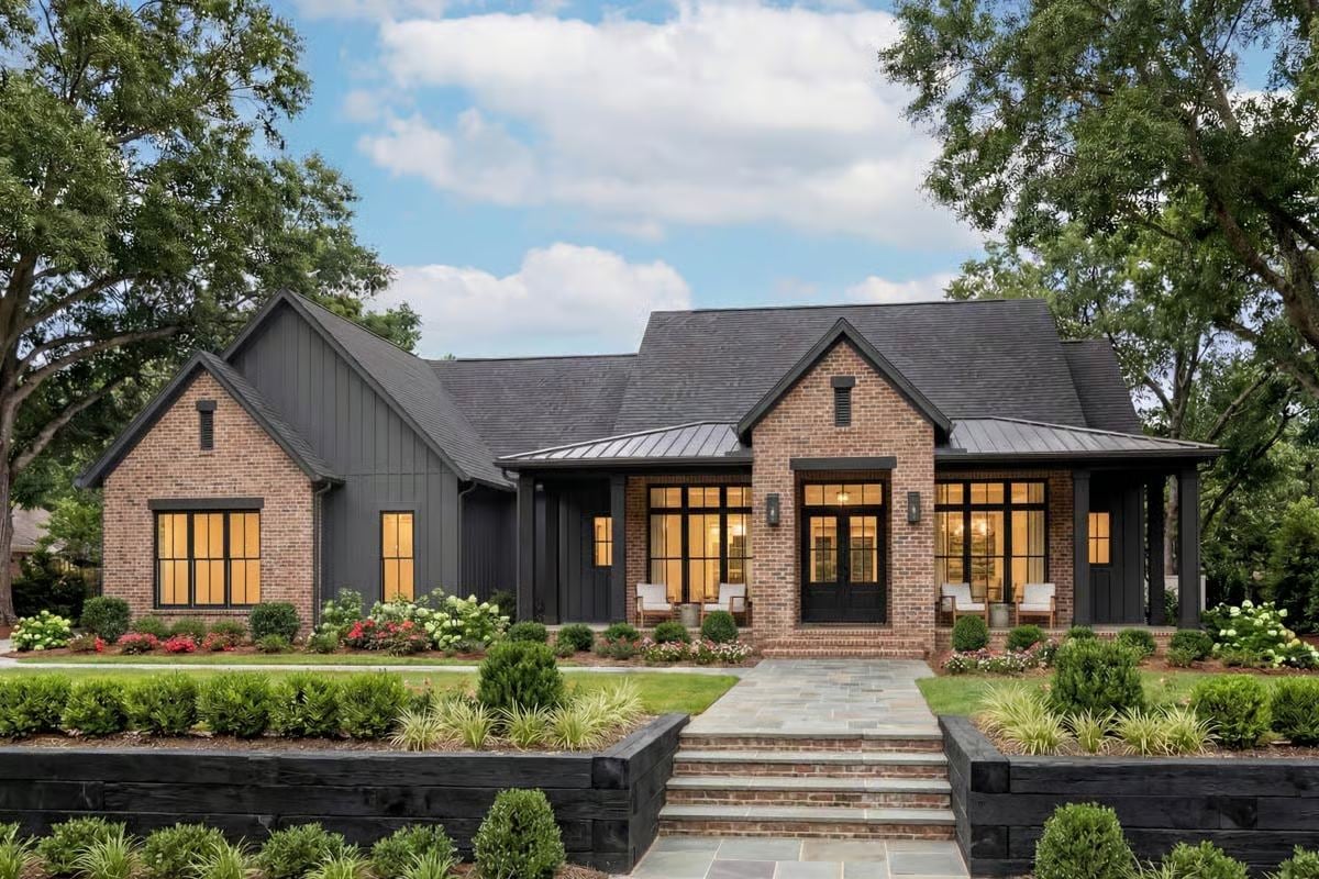 Brick and Board-Batten Exterior with Grand Entry Stairs and Black Accents