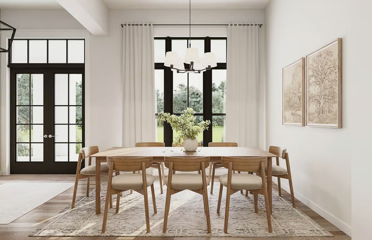Formal Dining Room with Black-Framed Doors and Neutral Palette