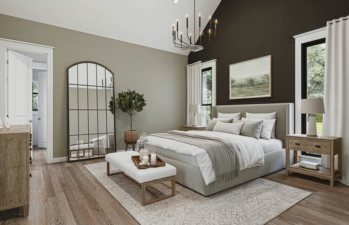 Serene Primary Bedroom with Upholstered Bed and Arched Floor Mirror
