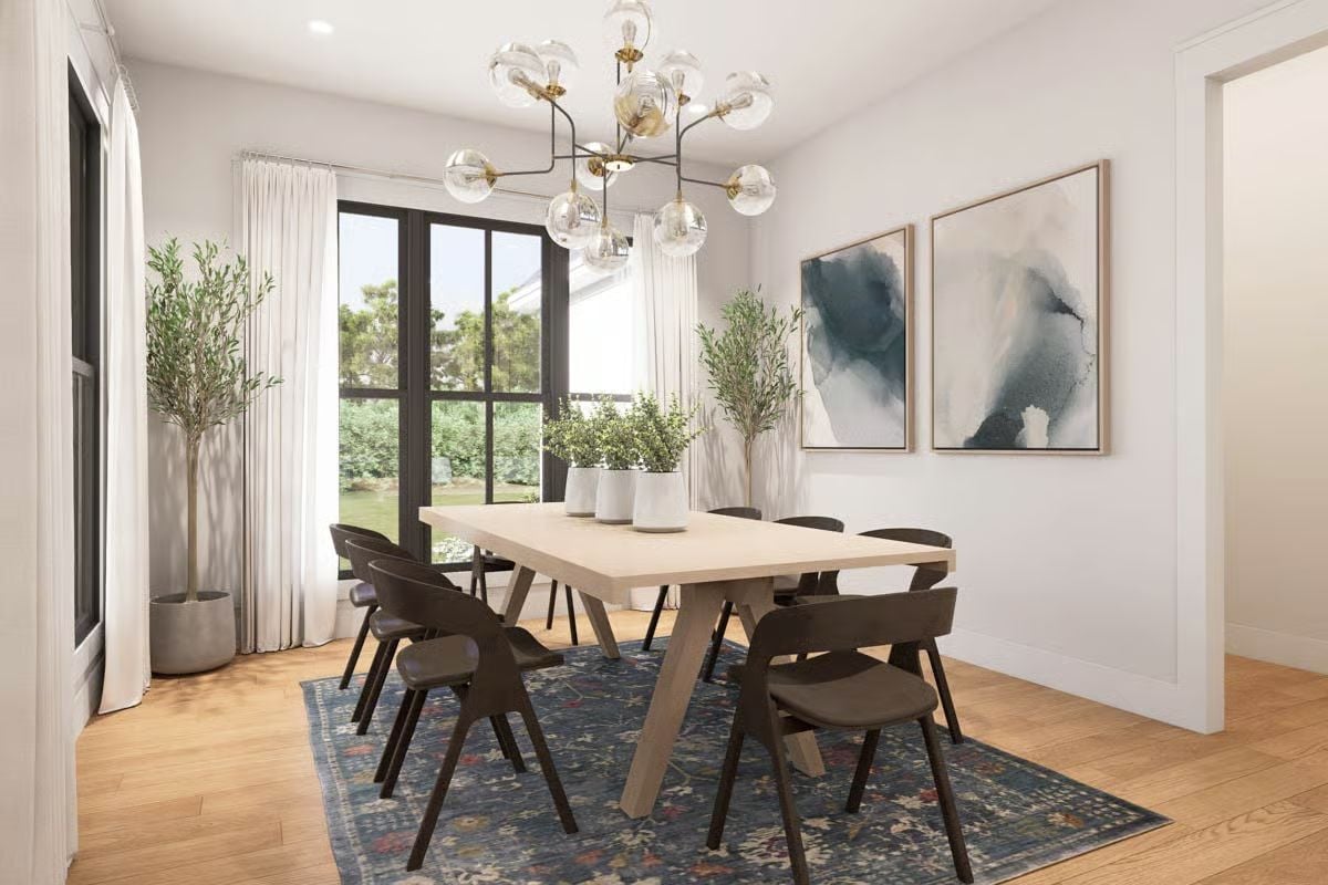 Globe Chandelier and Blue Rug Ground a Light-Wood Dining Room