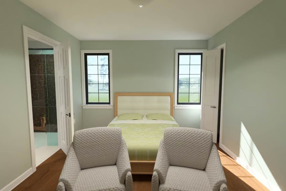 Bedroom with Sage Walls, Black-Framed Windows, and Upholstered Chairs