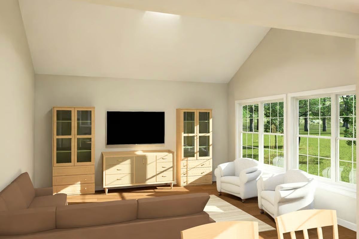 Sunlit Living Room with Neutral Palette and Large French Doors