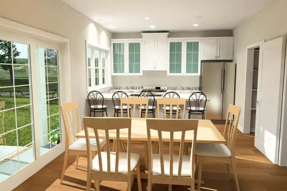 Bright Kitchen and Dining Area with Light Wood Furnishings