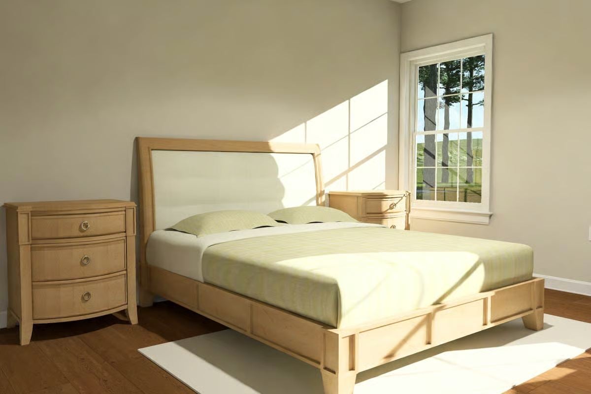 Serene Bedroom with Upholstered Headboard and Natural Wood Accents