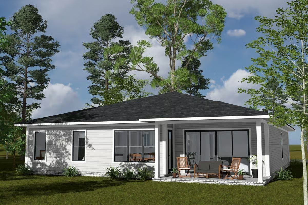 Modern Ranch Exterior with Covered Patio and Mixed Siding Tones