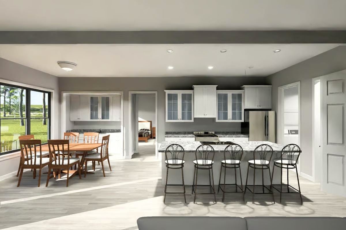 Open Kitchen and Dining Area with Island Seating for Five