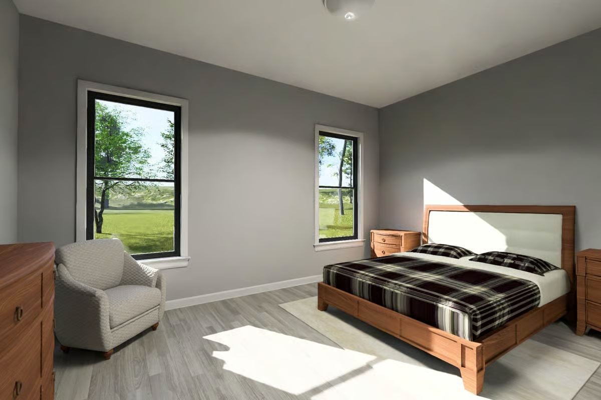 Minimalist Bedroom with Gray Walls and Prairie Views