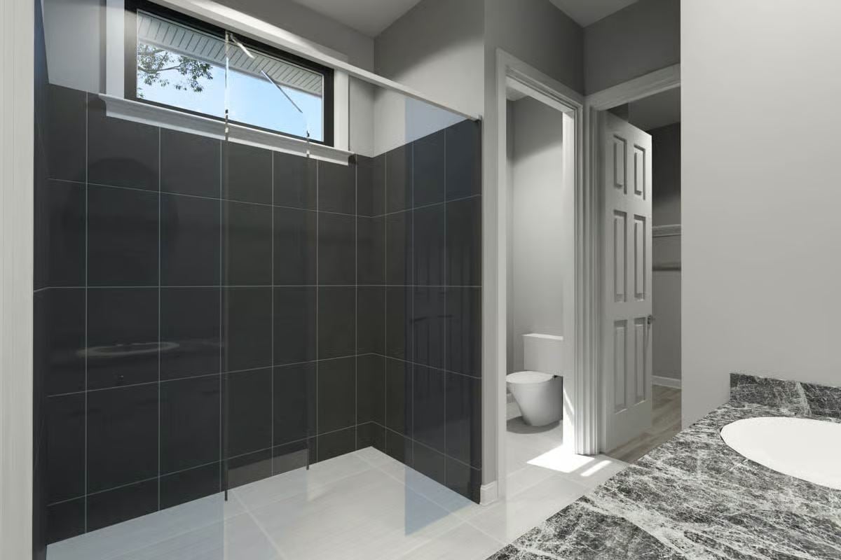 Walk-In Shower with Charcoal Tiles and Clerestory Window