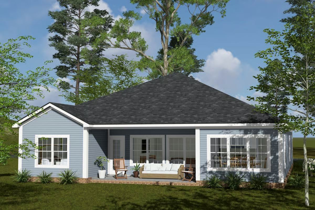 Gray Cottage with Open Back Patio and Hip Roof Design