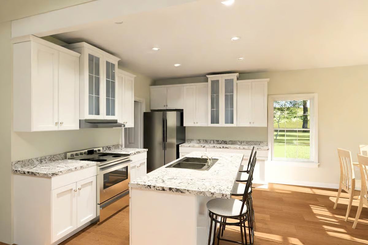 White Kitchen with Granite Island and Stainless Steel Appliances