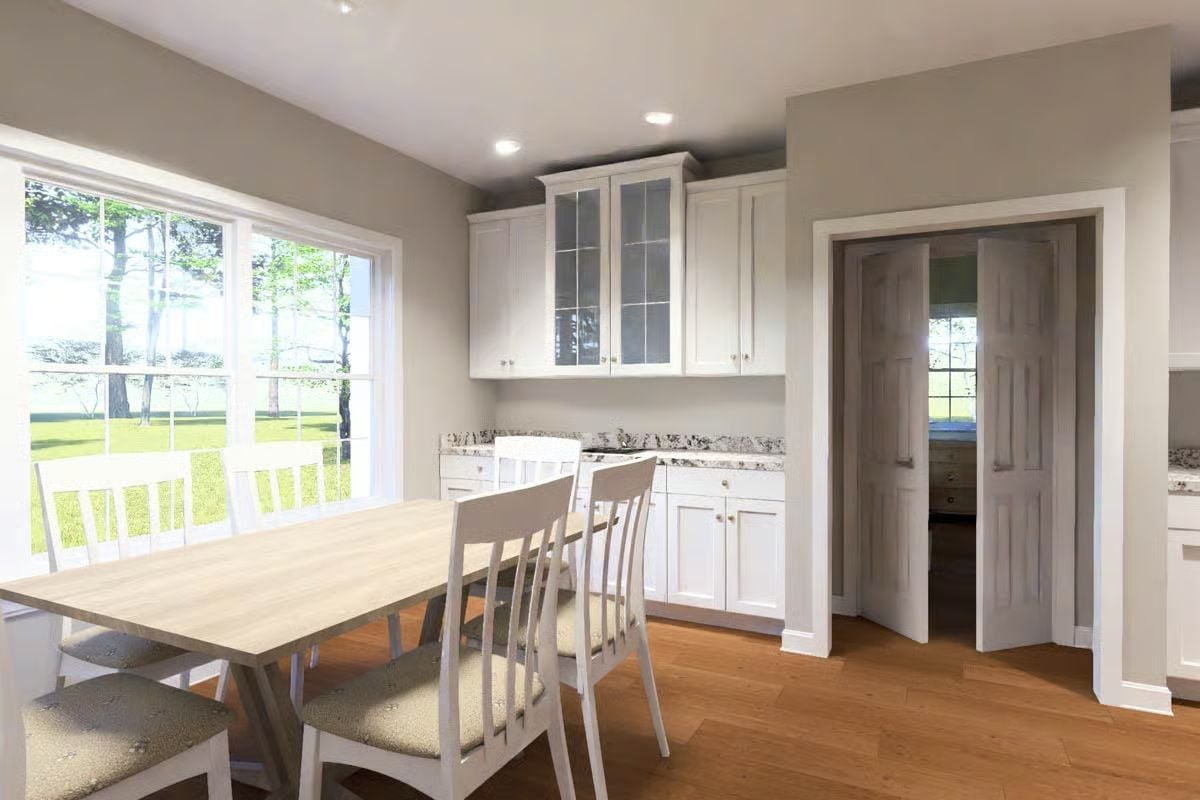 Eat-in Dining Area with Farmhouse Table and Glass-Front Cabinetry