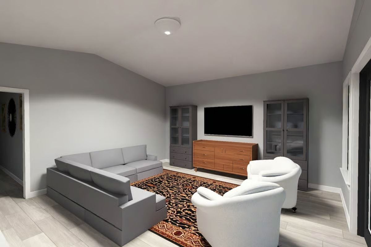 Living Room with Gray Sectional and Wood Media Console