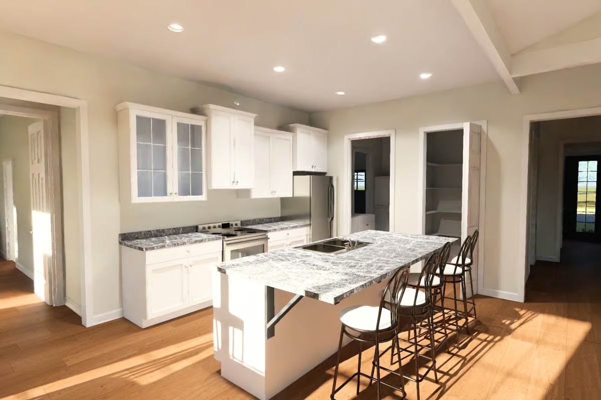 Kitchen with White Shaker Cabinets and Granite Breakfast Bar