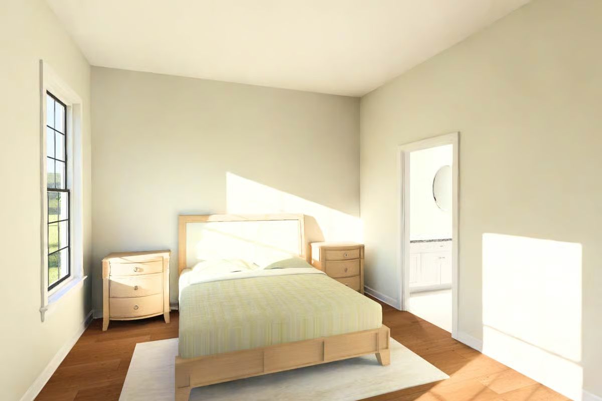 Serene Bedroom with Light Wood Furniture and Pale Yellow Walls
