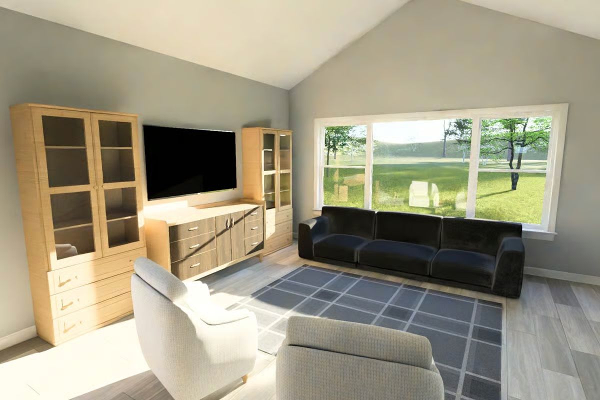 Living Room with Lake Views Through Expansive Picture Window