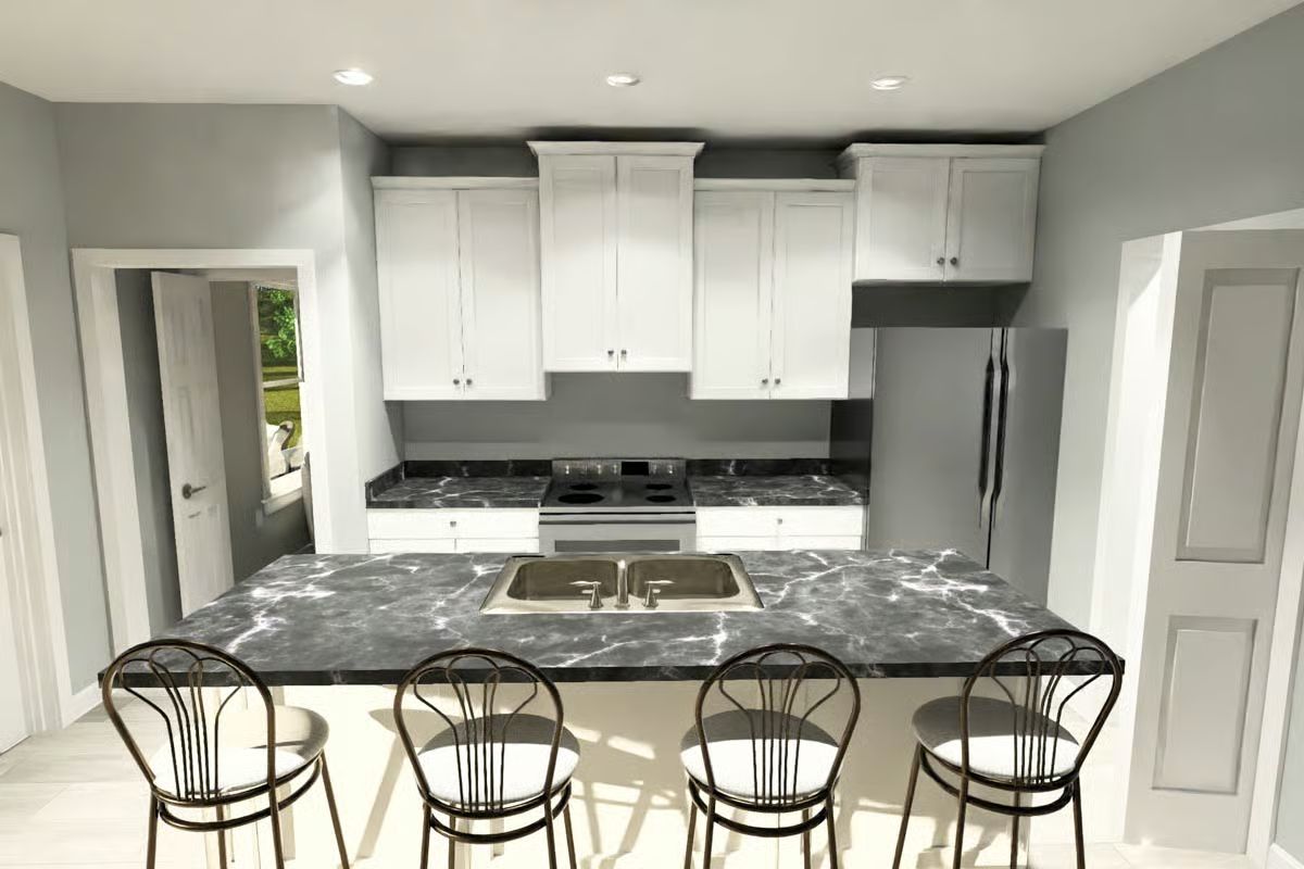 Kitchen with Dark Marble Island and White Shaker Cabinetry