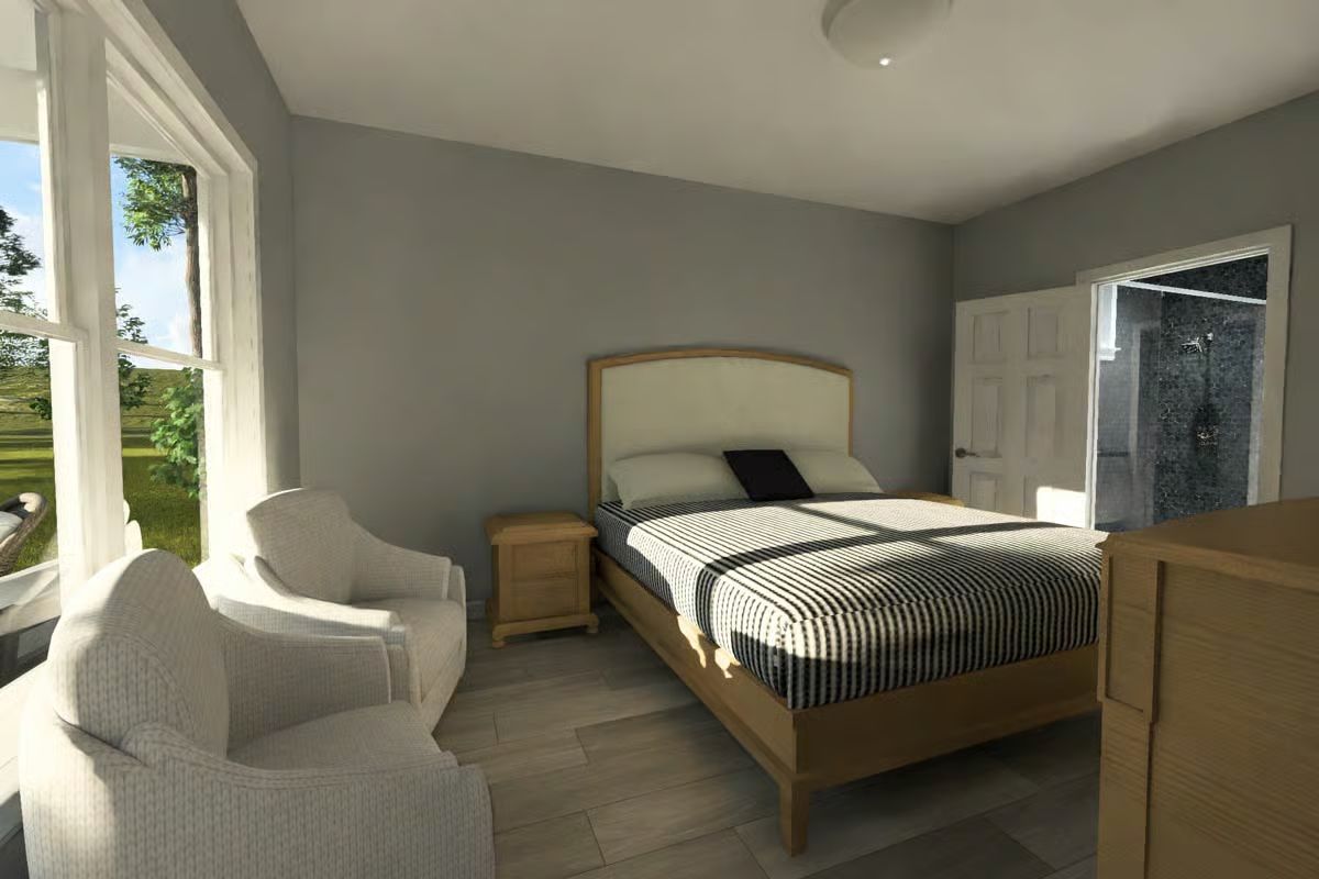 Primary Bedroom with Upholstered Bed and Private Ensuite Access
