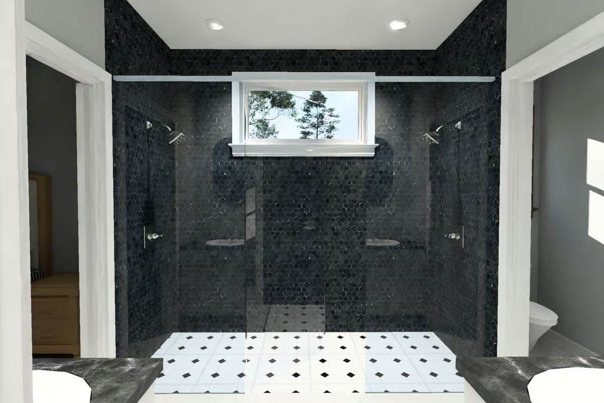Dual Shower with Black Hexagon Tile and Frameless Glass Enclosure