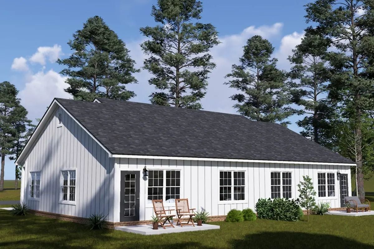 White Farmhouse Exterior with Board-and-Batten Siding and French Doors