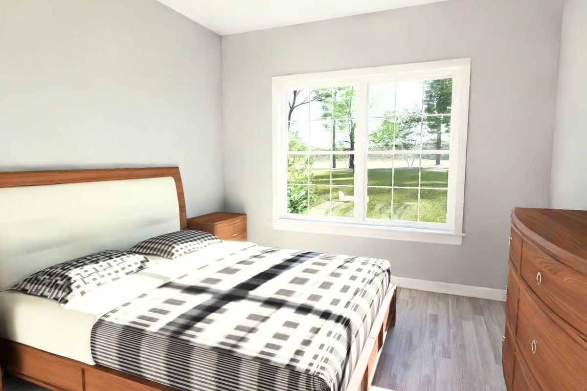 Minimalist Bedroom with White Mullioned Windows and Wood Furniture