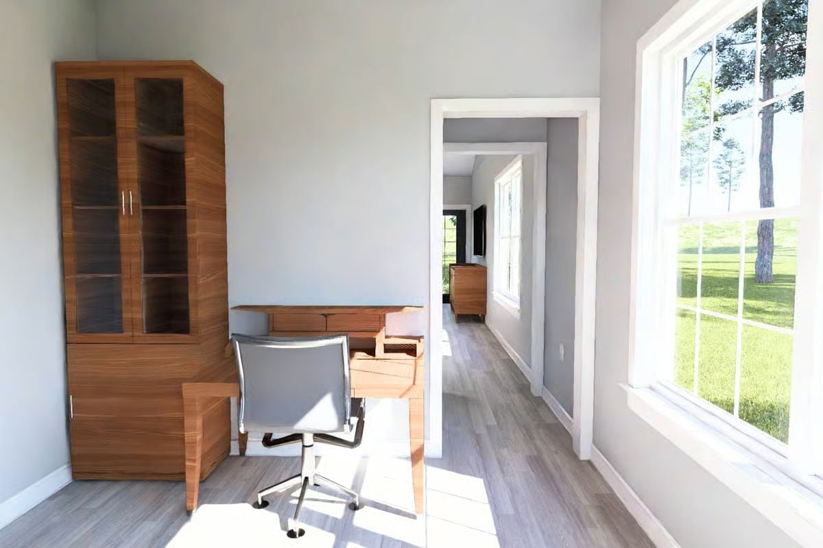 Home Office with Walnut Storage and View to Hallway