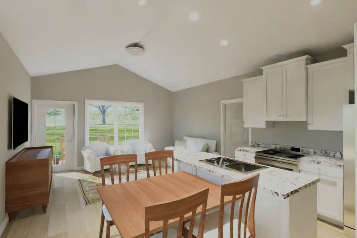Open Concept Kitchen and Dining Area with Granite Island