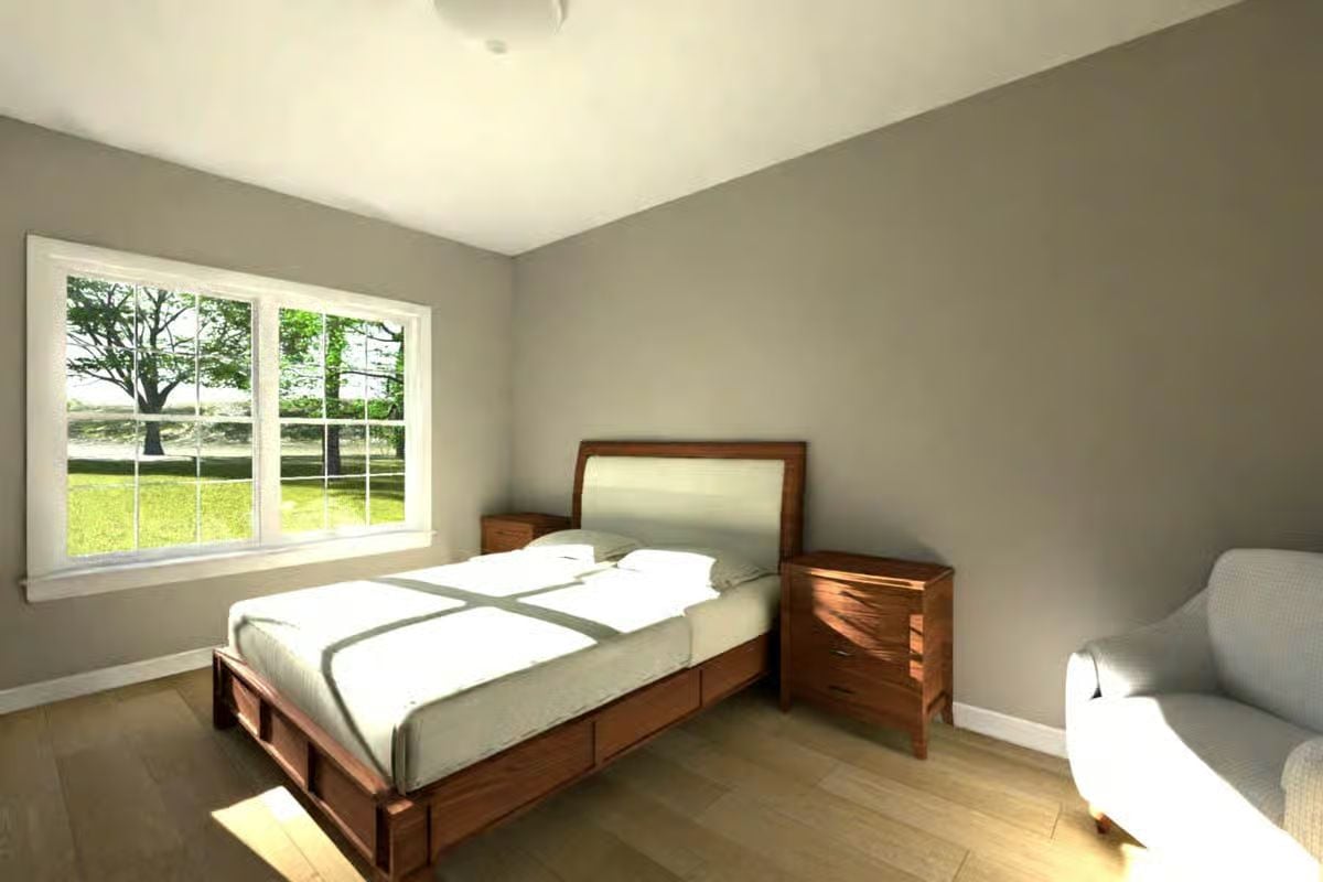 Serene Bedroom with Garden Window and Mid-Century Wood Furniture