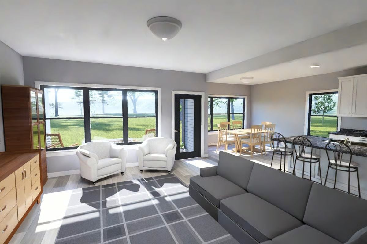 Open-Concept Living Space with Lake Views and Modern Finishes