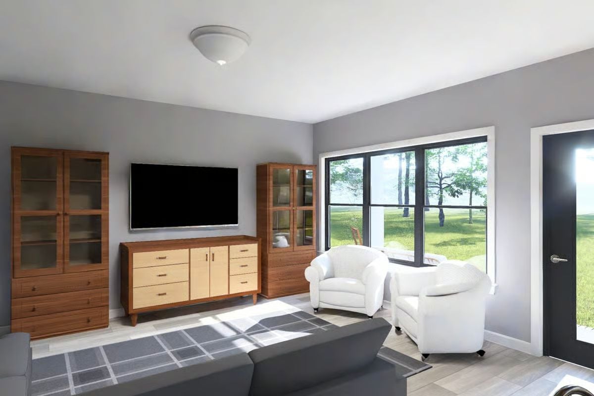 Gray Living Room with Two-Tone Wood Cabinetry and Black-Framed Windows