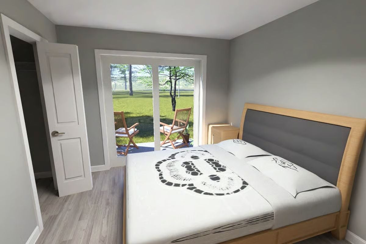 Sliding Glass Doors Turn a Compact Bedroom Into an Indoor-Outdoor Suite