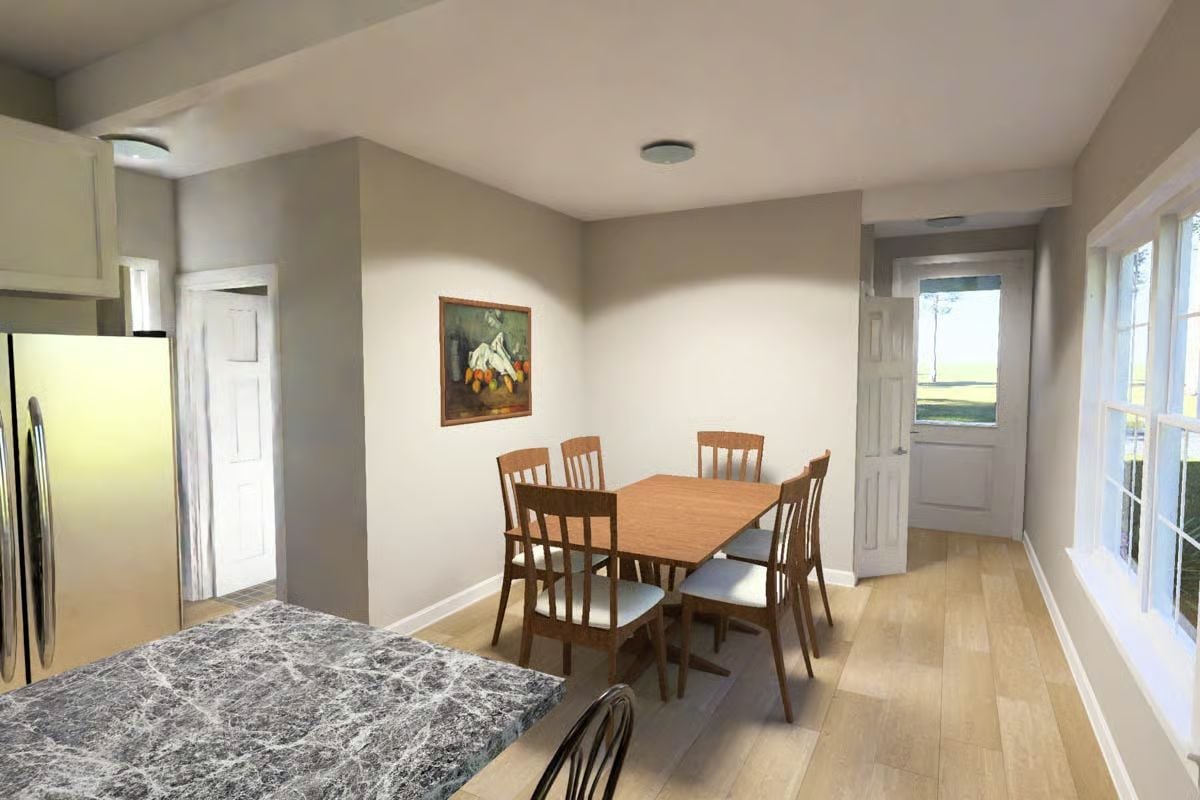 Warm Wood Dining Set and Marble Countertop Meet in an Open Kitchen-Dining Space