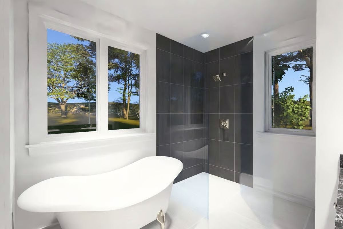 Freestanding Soaker Tub Meets Walk-In Shower Behind Dark Tile Walls