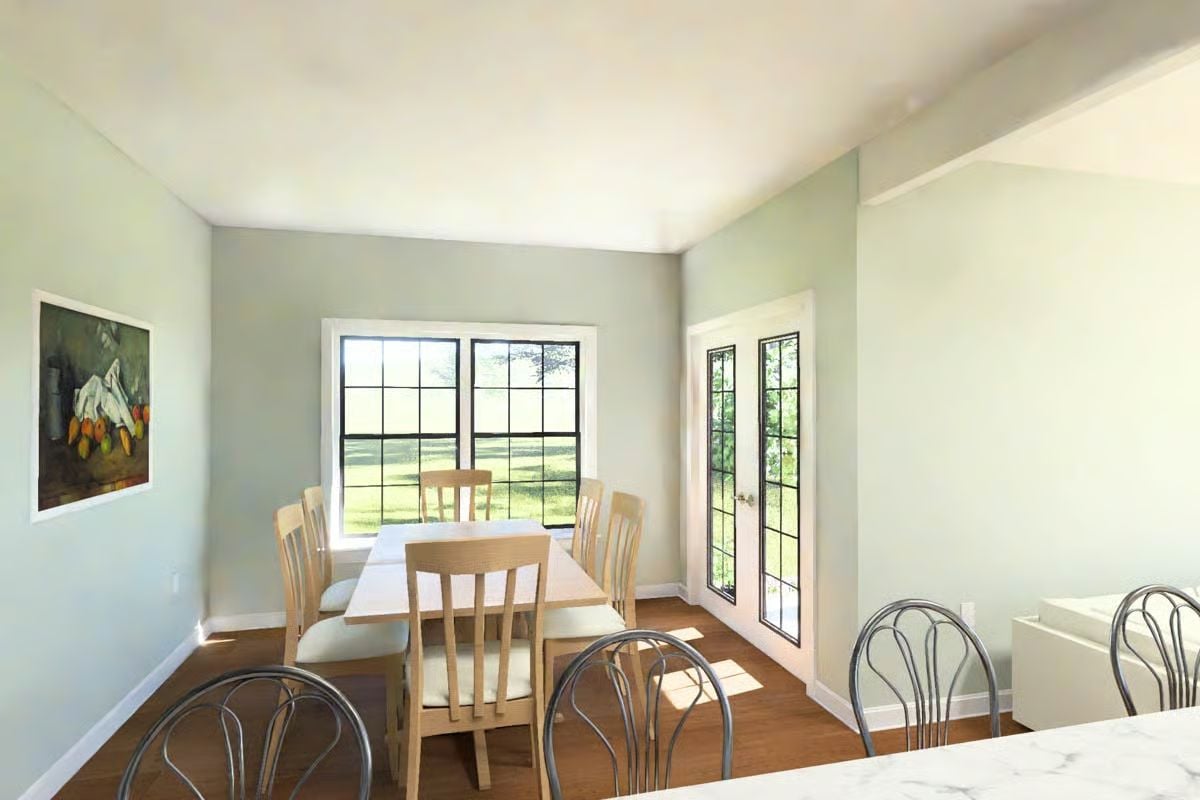 Natural Wood and Sage Walls Bring Calm to This Dining Space
