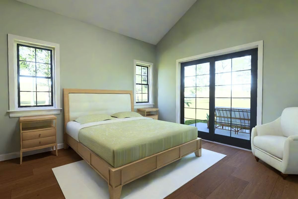 Sage Walls and Wood Floors Give This Ranch Bedroom a Grounded, Restful Feel