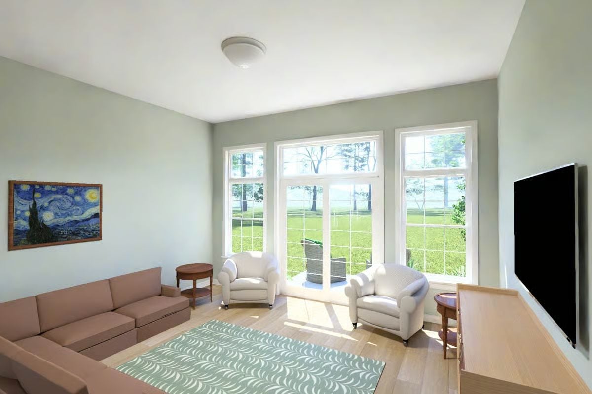 Sunlit Living Room Pairs Van Gogh Wall Art with Views Over Open Lawn