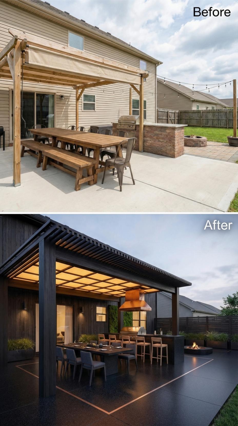 Bleached Concrete and Beige Canopy to Charcoal Composite and Louvered Steel