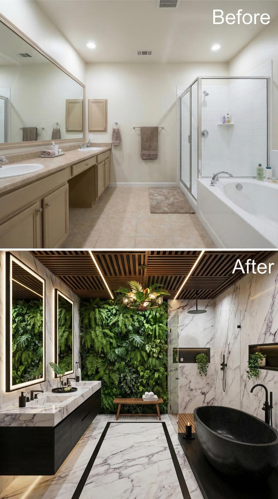 Living Wall, Black Stone Tub, Wood Slat Ceiling — One Bathroom Goes Full Spa