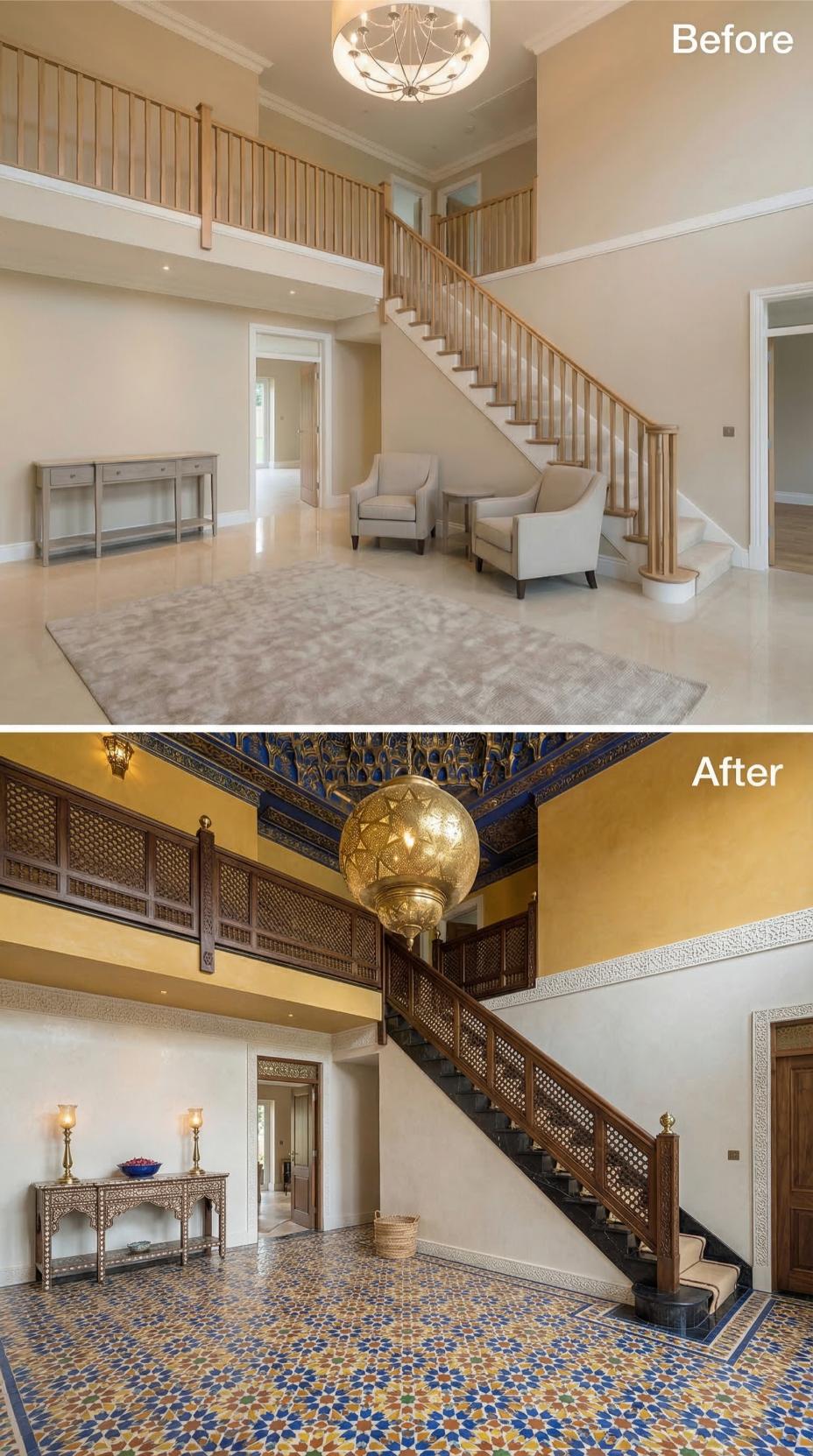 Moroccan Craftsmanship Replaced Oak Balusters, Beige Walls, and a Builder Chandelier