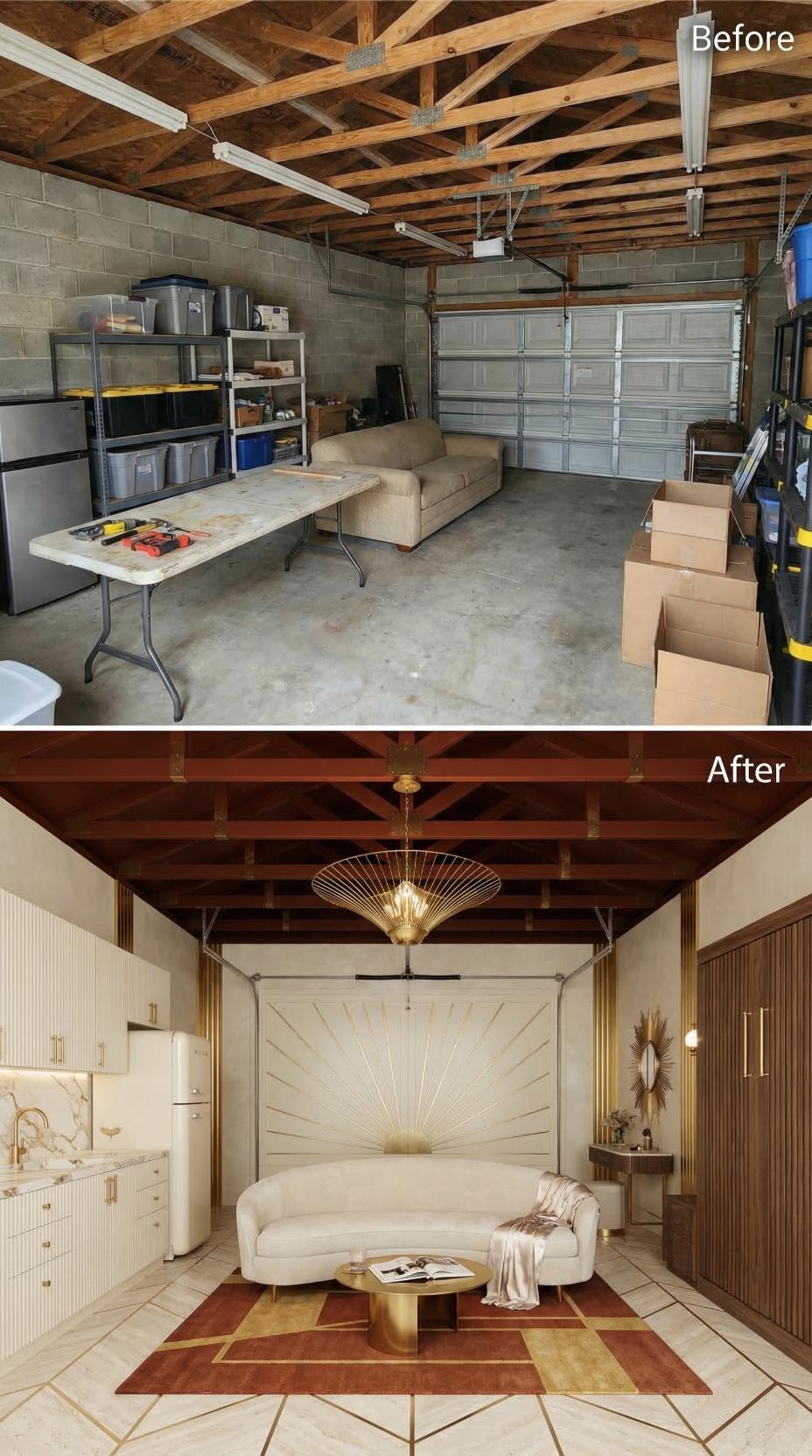 Gold Brass Hardware and Painted Roof Trusses Converted a Storage Garage Into a Living Room