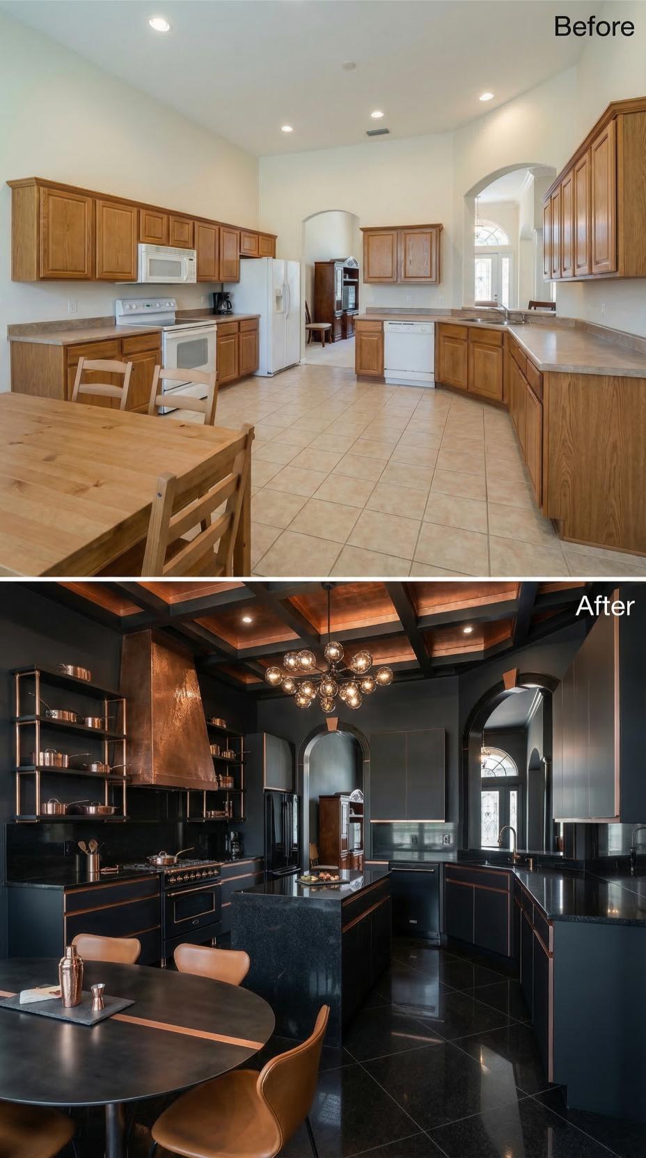 Copper Range Hood and Coffered Ceiling Recast a Builder Kitchen in Black