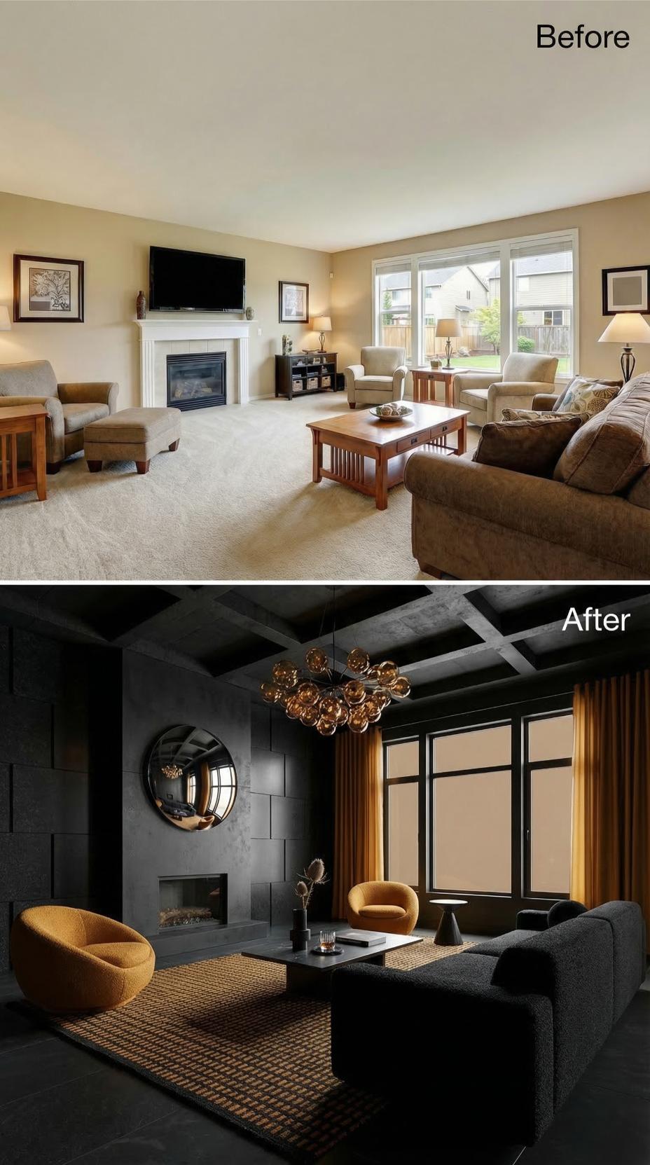 Matte Black Tile and Amber Bouclé Buried the Builder Fireplace for Good