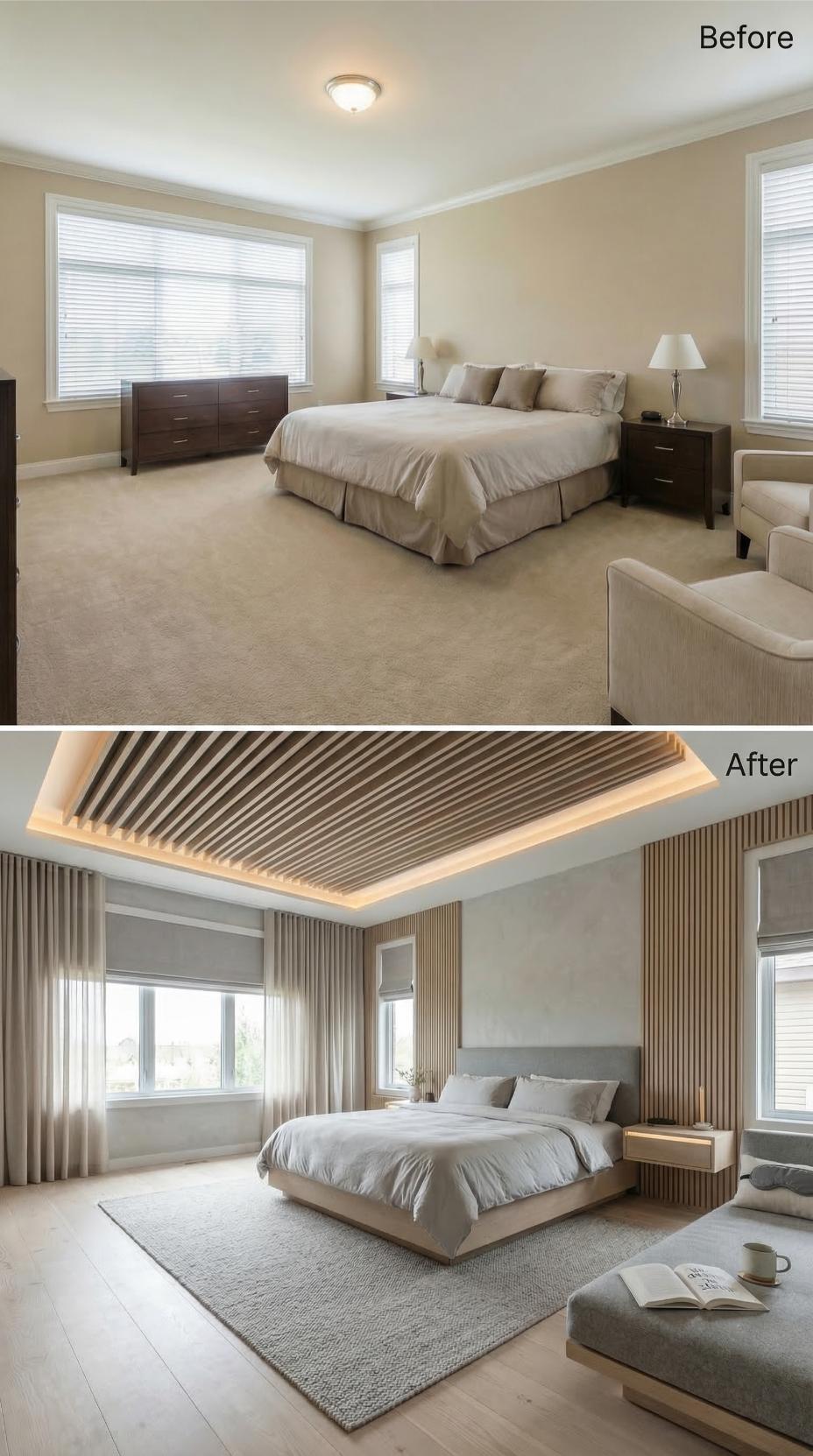 Slatted Oak Ceiling Panels and Cove Lighting Replaced Beige Paint and Flush Mounts